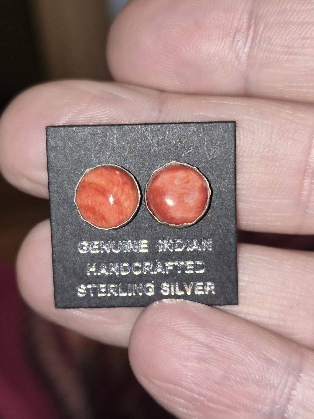 Signed Navajo Handmade Sterling Silver Red Spiny Studs